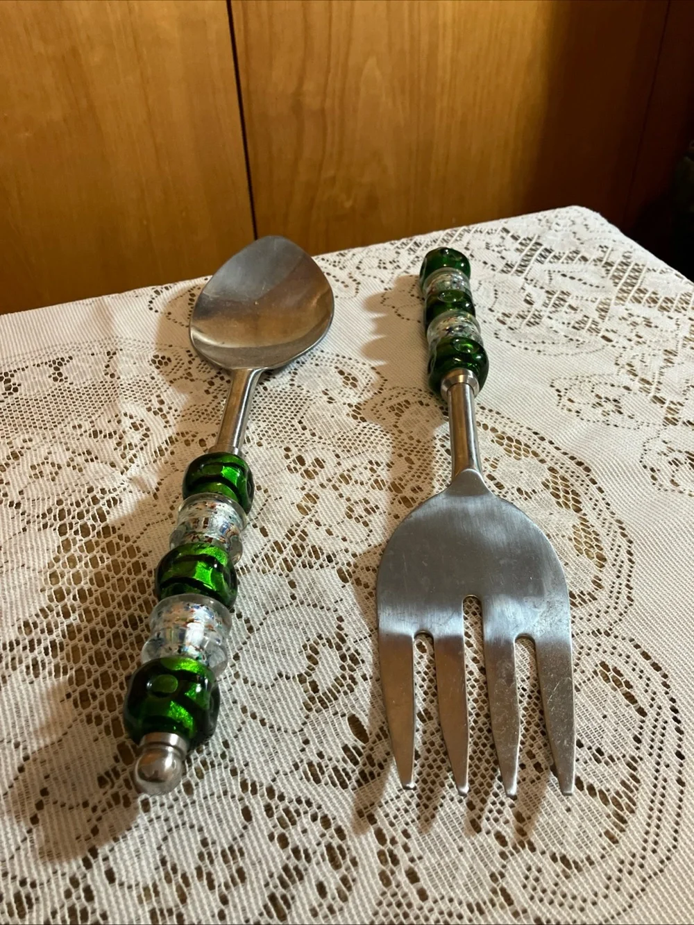 Green Beaded Salad Serving Fork and Spoon Set